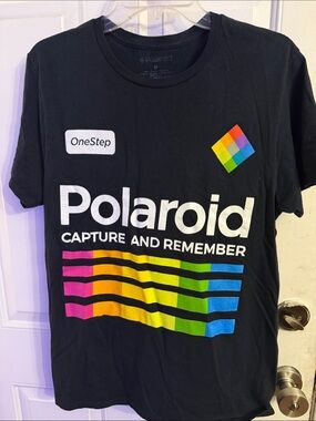 Polaroid Vintage Black Tee with Multicolor Rainbow Stripes